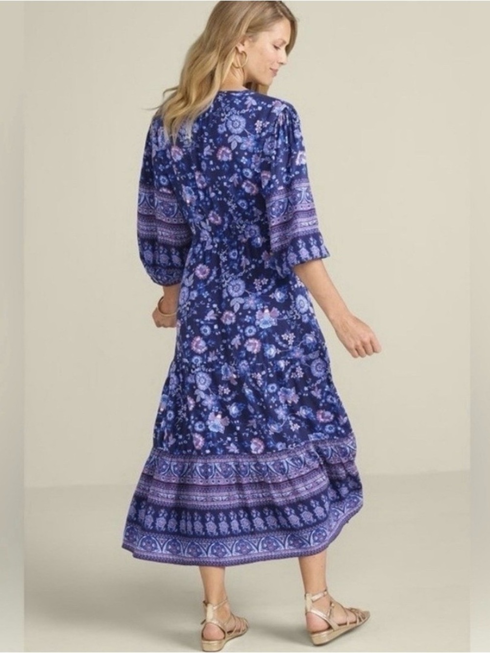 Soft Surroundings Jordana LP Dress Blue Floral Embroidered Sequined Large Petite - Picture 3 of 13